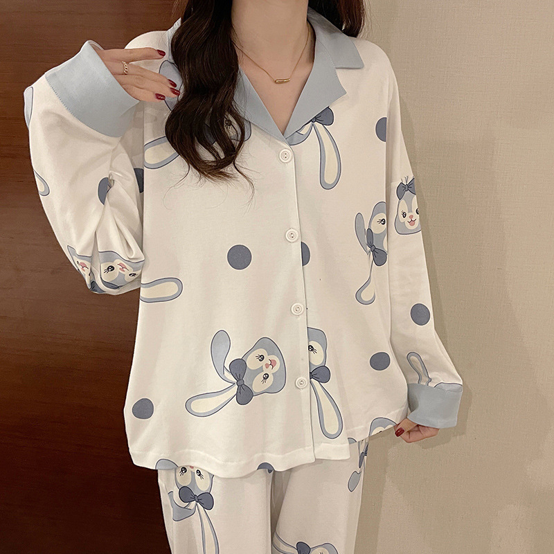春と秋のパジャマの女性の綿の長袖のかわいい高級感の線の熊のカーディガンの大きいサイズの冬の部屋の服のスーツ|undefined