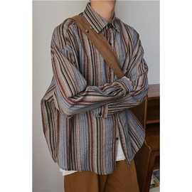 痞帅复古CityBoy日系长袖条纹衬衫男百搭宽松休闲衬衣春秋季外套