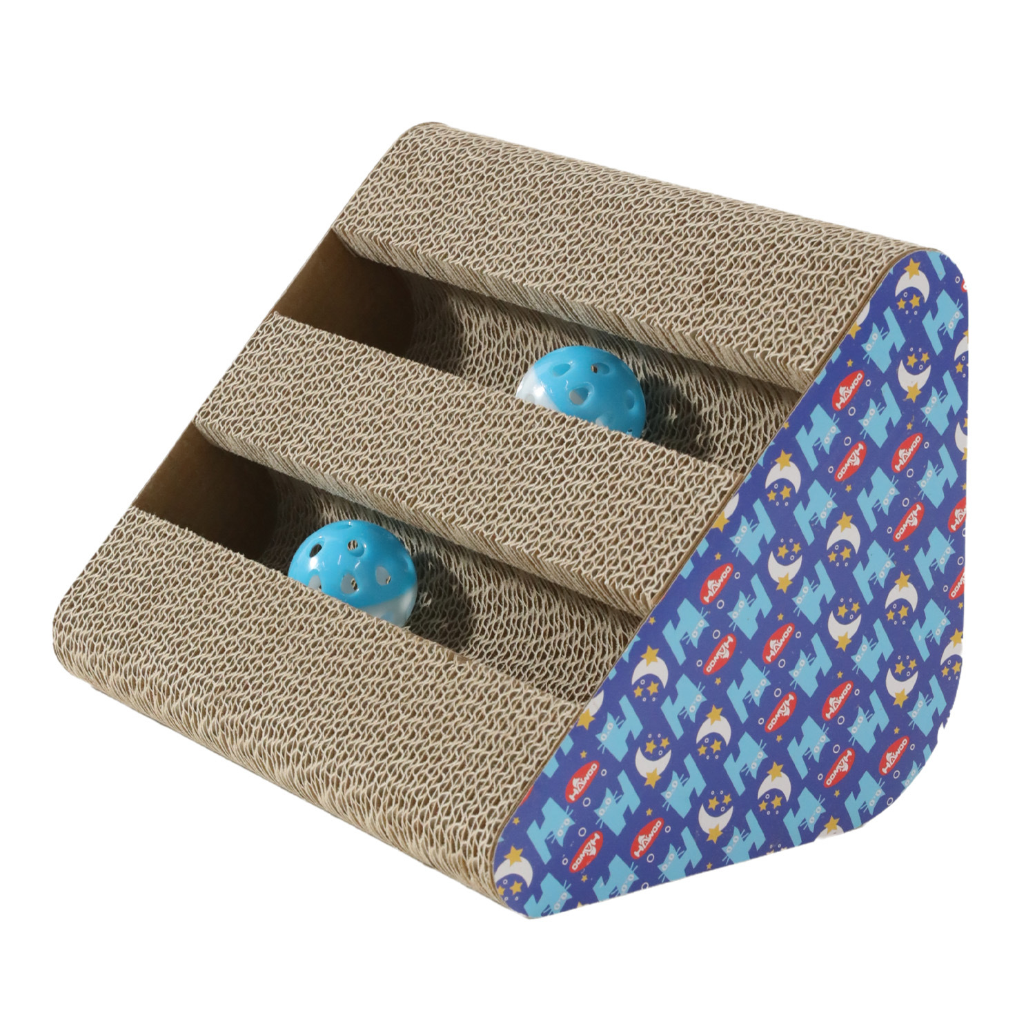 P al por mayor de una sola cara doble ranura con Bell triángulo de papel corrugado tablero del rasguño del gato mascota gato garra amoladora divertido gato juguete