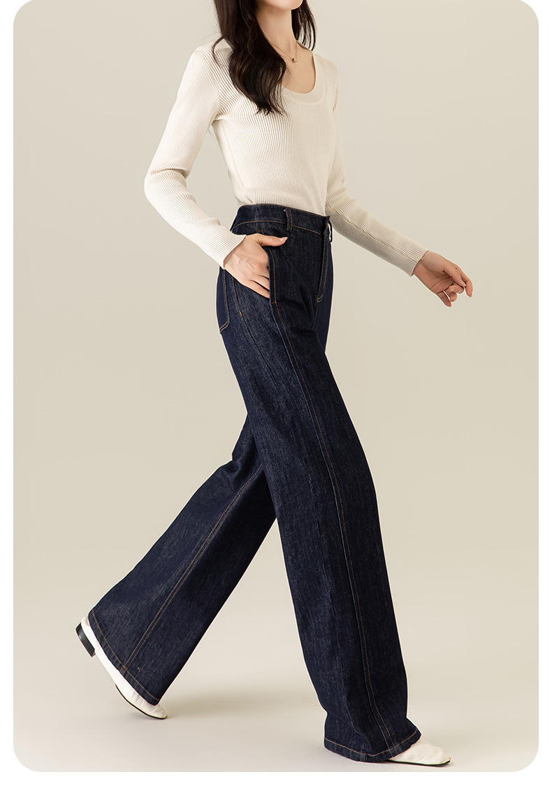 Quần jean ống rộng nữ eo cao denim đường chỉ tương phản — màu denim chi tiết 6