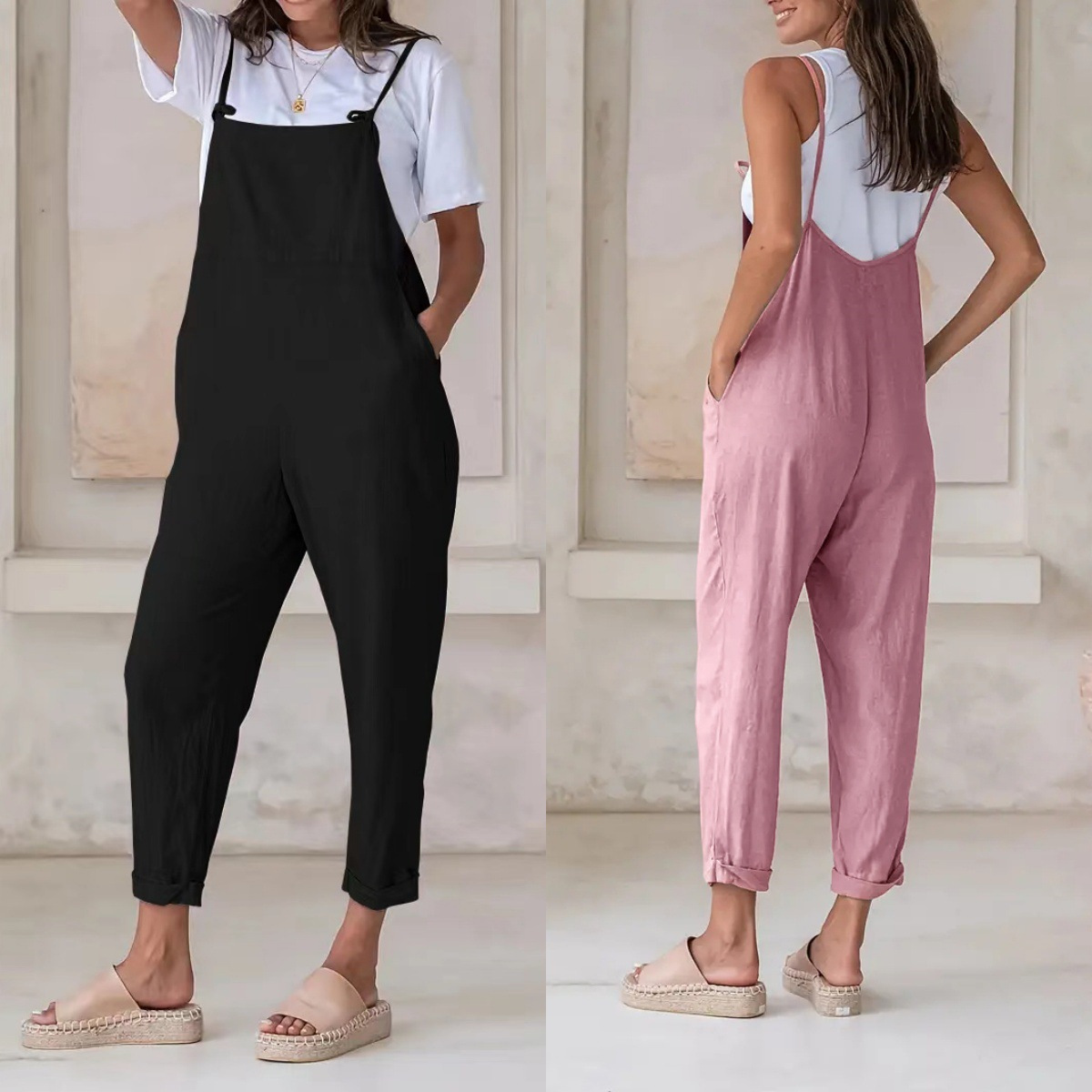 European and American cross-border women's clothing 2024 spring and summer new solid color pocket lace-up sympathy zipper casual one-piece suspender pants