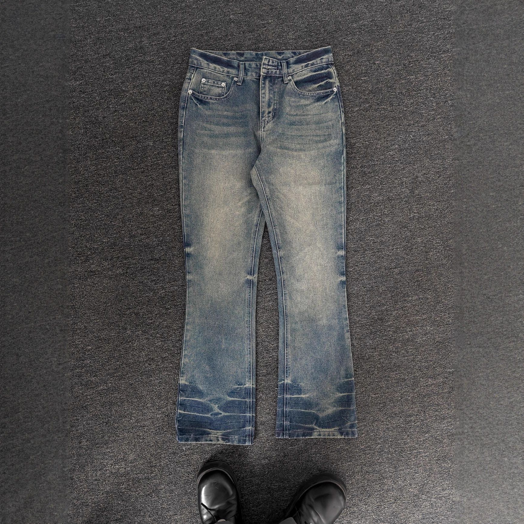 2025 American Retro Washed Blue Flared Jeans Trendy Brand Men's High Street Drape Cleanfit Pants_mkmklike.com