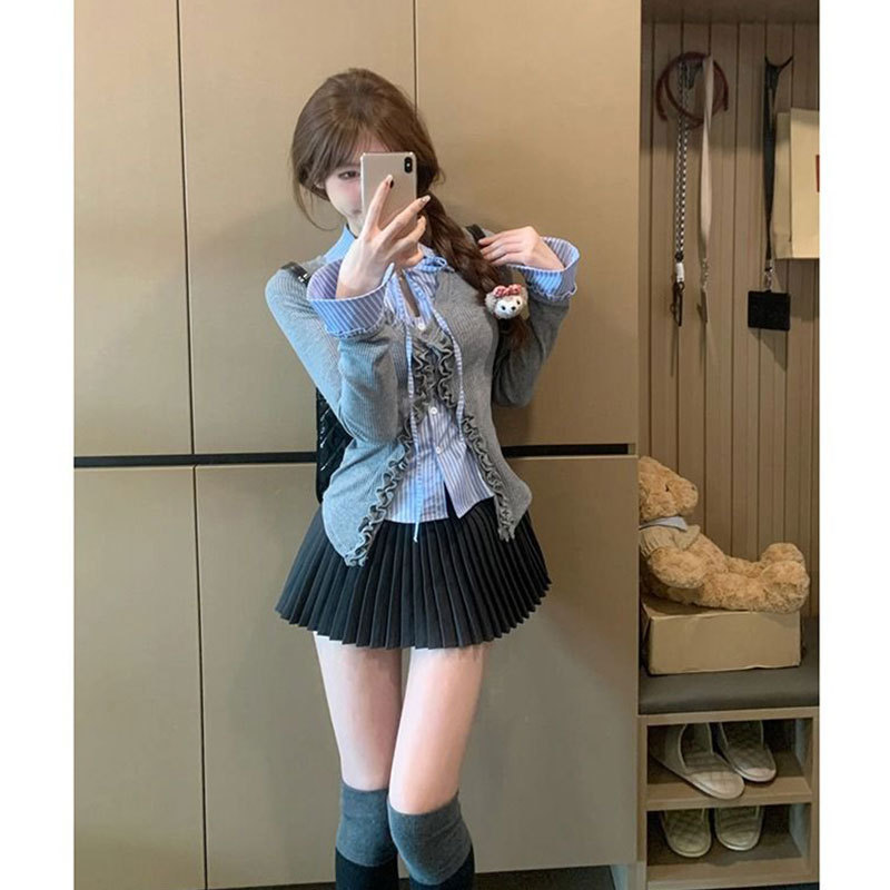 早秋新款法式复古气质小个子减龄假两件长袖拼接衬衫百褶裙两件套|undefined