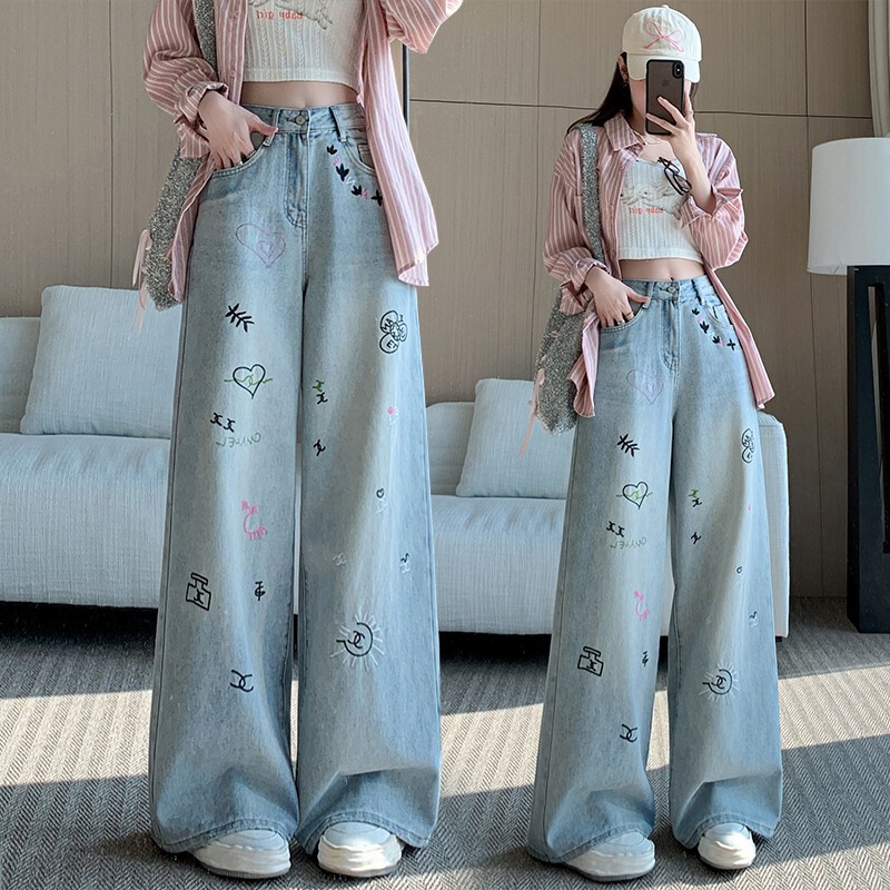 Real shot embroidery heavy craft wide leg jeans women's 2025 spring new fried street tide pants straight casual floor pants