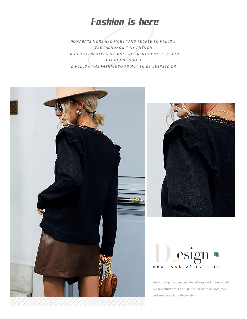 Pullover maglione a maniche lunghe patchwork in pizzo nero con scollo a V_voghion.com