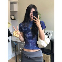 正しいバージョン！レトロプリーツクリエイティブプリント半袖Tシャツレディース夏ウエスト痩身甘辛ショートトップ