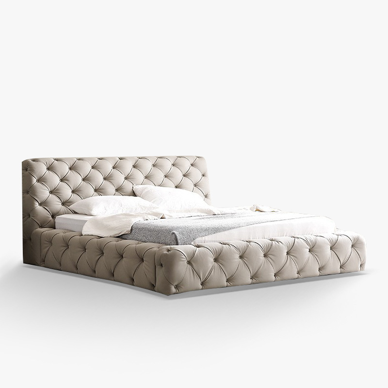 極簡網紅泡芙床磨砂布真皮床簡約設計師主臥室雙人1.8婚慶拉扣床