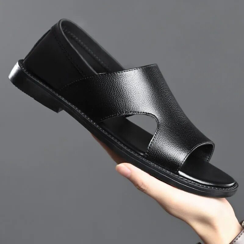 Dép sandal nam da bò thật đế mềm chống trượt kiểu Birkenstock — màu đen