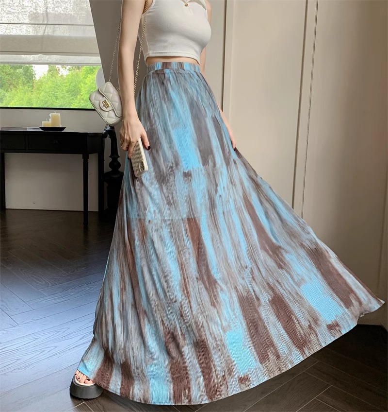 350g Weight Maxi Long Dress Dress Length Type Skirt Dresses Type Spandex, Polyester Fabric Type High Waist Waist Line Micro-Elastic Elasticity Holiday, Daily Occasion Loose Fit Type Printing Pattern Summer, Spring Season Women's Gender Vintage Style, Streetwear Style Blue Color Vintage Tie-Dye Midi Skirt For Women Spring Summer Vacation Style High Waist Slimming A-Line Skirt Draped Long Skirt Niche Flared Skirt Street Style High Street 无