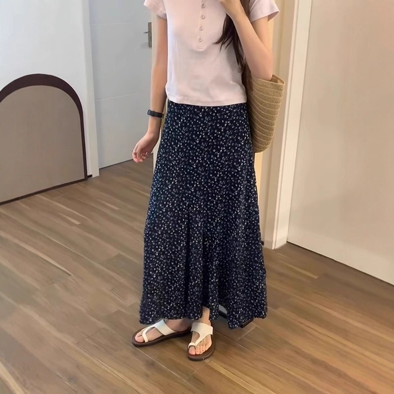 不规则藏青色碎花半身裙女夏季2025新款气质好看裙子长裙a字半裙|undefined