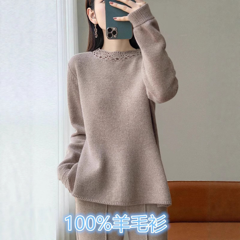 100% Mercerized Pure Wool Women's Pullover Sweater, Round Neck Knitwear, Handmade Crochet Design, Slimming Inner Wear for Women