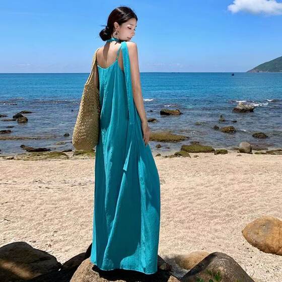 Thailand Seaside Beach Long Skirt to Ankle Super Long Vacation Style Tall Loose Pleated Sling dress Summer