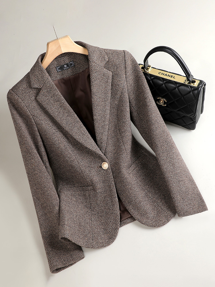 短款羊毛西装外套女小个子秋冬季2024新款气质休闲格子毛呢小西服