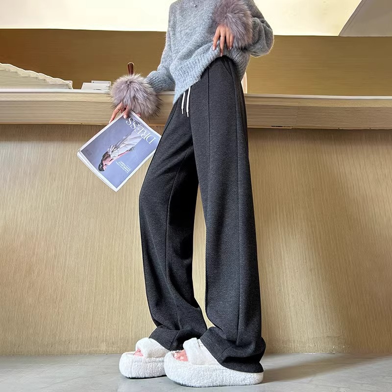 Pantalones de piernas anchas de patrón de herringbone alto para mujeres otoño y invierno 2024 Pantalones rectos de lana alargados pantalones de arroz casuales gris oscuro