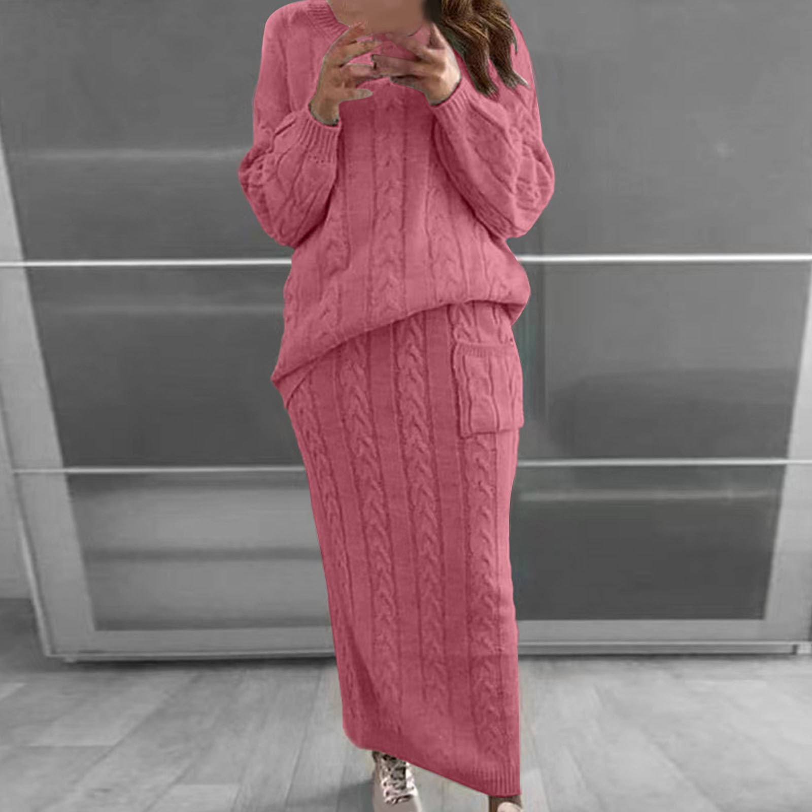 Neues Herbst- und Winterstrickkleid, lässiger Mode-Twist-Pullover-Anzugrock_voghion.com