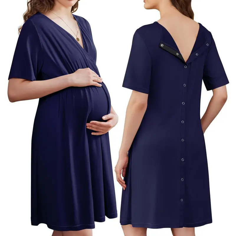 Stillkleid für Schwangere, Kurzarm, Weicher Stoff, V-Ausschnitt, Stillzugang und Einfacher Tragekomfort, Schwangerschafts- und Krankenhauskleid – Detail 13