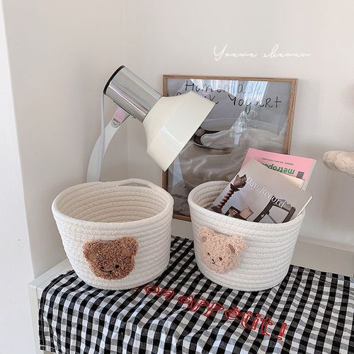 Ins-style cotton rope storage basket, woven teddy bear desk organizer, storage basket for miscellaneous hair clips, hair ties, keys, and item holder