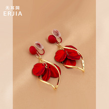优雅气质红色贝壳长款耳环复古港风个性独特高级蚊香盘耳夹无耳洞