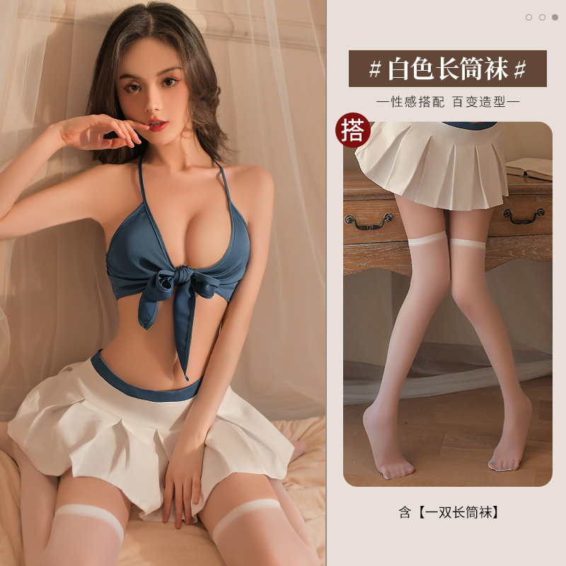 블루 [레이스 브라 + 플리츠 스커트 + T 팬츠] + 스타킹