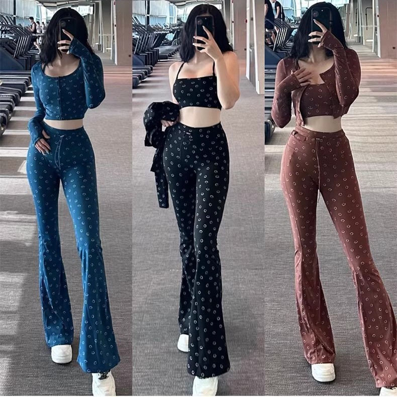 Korean Smiling Face Nude Fitness Clothing Printed High Waist Sports Fitness Clothing Yoga Three-Piece Suit