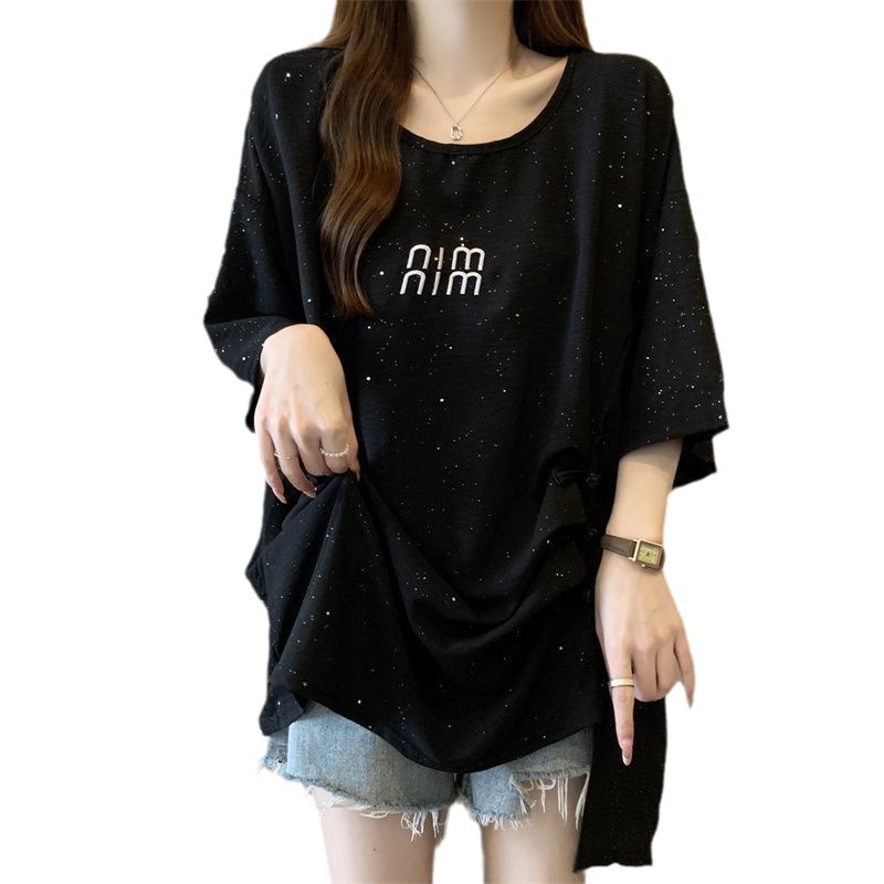 Nueva camiseta de manga corta con hebilla de disco de estilo nacional chino para mujer verano nuevo estilo suelto y delgado top de lentejuelas con pliegues irregulares para mujer ins