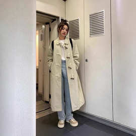 纯色学院风长袖牛角扣日系百搭工装休闲外套春秋新款中长款风衣女