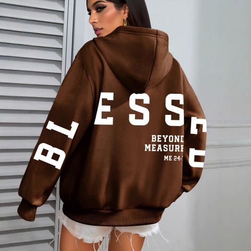 Ocode Bsed Hooded Sweatshirt with Blessing Letter Print, Casual Long-Sleeve Pocket Drawstring Hooded Sweatshirt