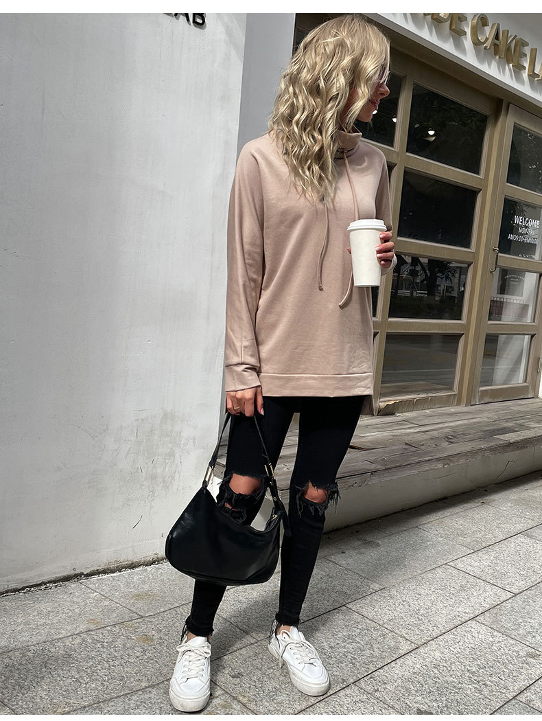 Düz Renk Yığın Yaka Orta Boy Spor Kazak Sweatshirt_voghion.com