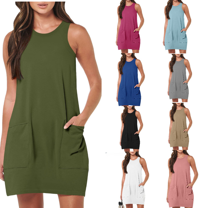 Women's Summer Casual Sleeveless Sun Dress with Pocket Midi Beach Vacation Vest Dress