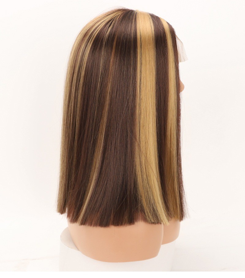 Peluca de mujer europea y americana peluca de cabeza de bobo de encaje pequeño de seda en la frente peluca de pelo liso cubierta de fibra química wigs