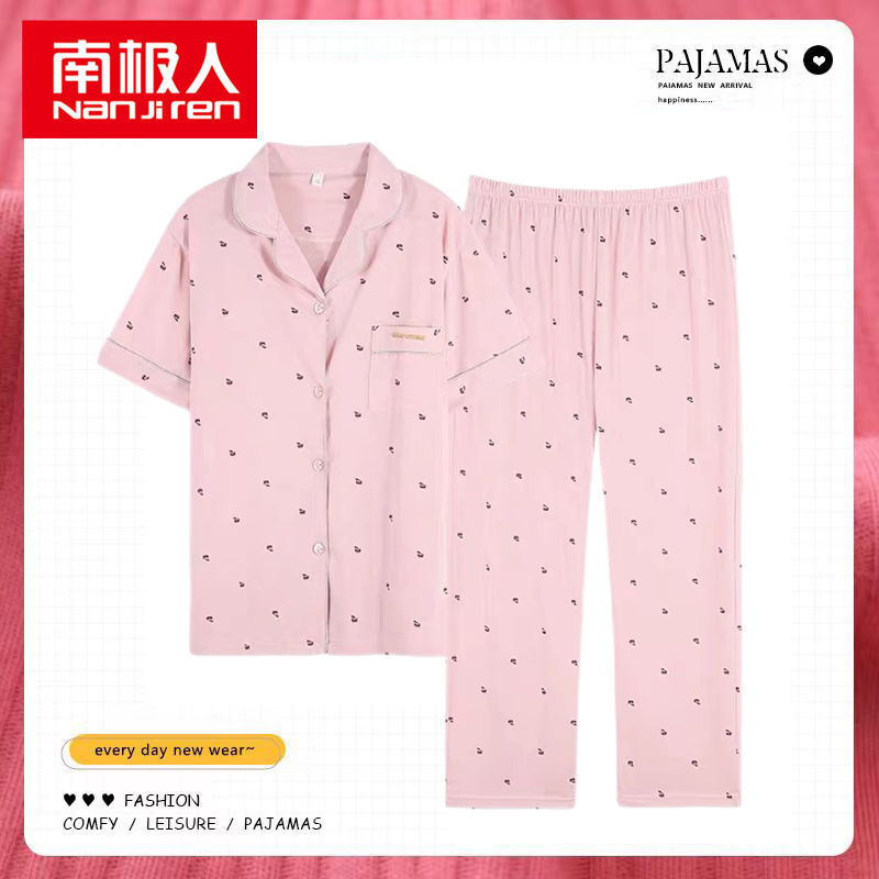 Pijamas de mujer de verano de algodón de manga corta pantalones de solapa de verano de las mujeres delgadas homewear traje