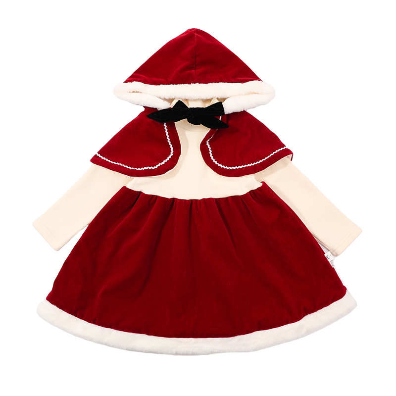 Mädchen Weihnachten Mantel Hut 2023 Neue Kinder Samt Verdickt Schal Rot Kleid_voghion.com