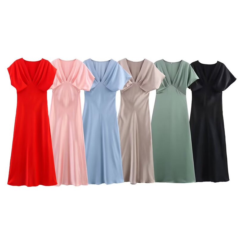 BSK & TRAF Women's 2025 Summer New Temperament Fashion Silk Satin Texture Midi dress 2330399