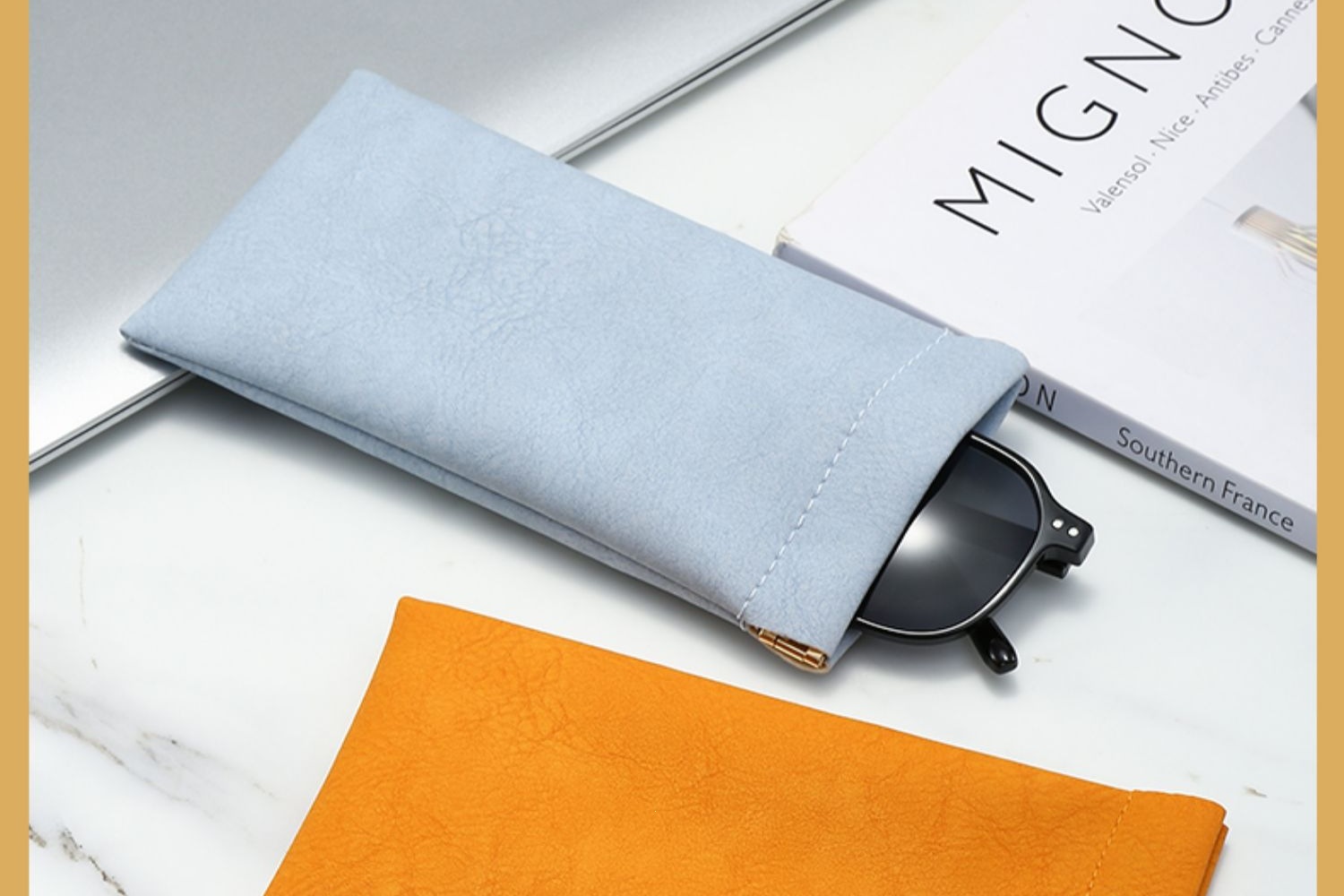 Leather Magnetic Glasses Pouch Mini Auto-Close Eyewear Bag Portable Lipstick Case Green in use