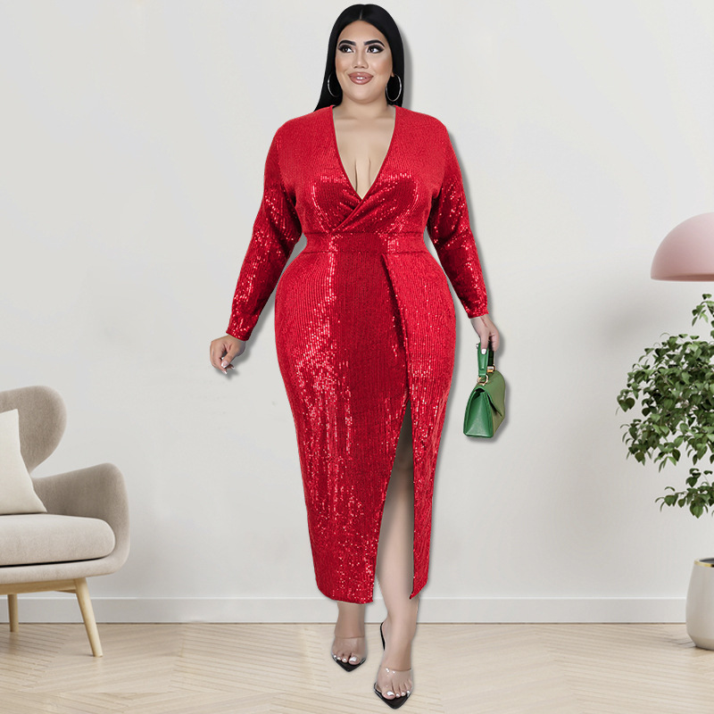 Dameskleding Plus Size Fluweelbasis Geborduurde Pailletten V-hals Lange Mouwen Bodycon Midi Jurk_voghion.com