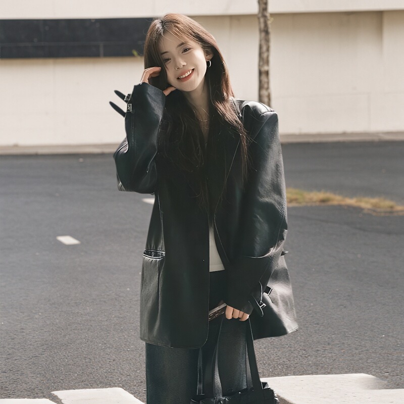 Black Leather Jacket for Women 2025 Autumn New High-End Short Jacket Popular This Year for Small People Retro Motorcycle