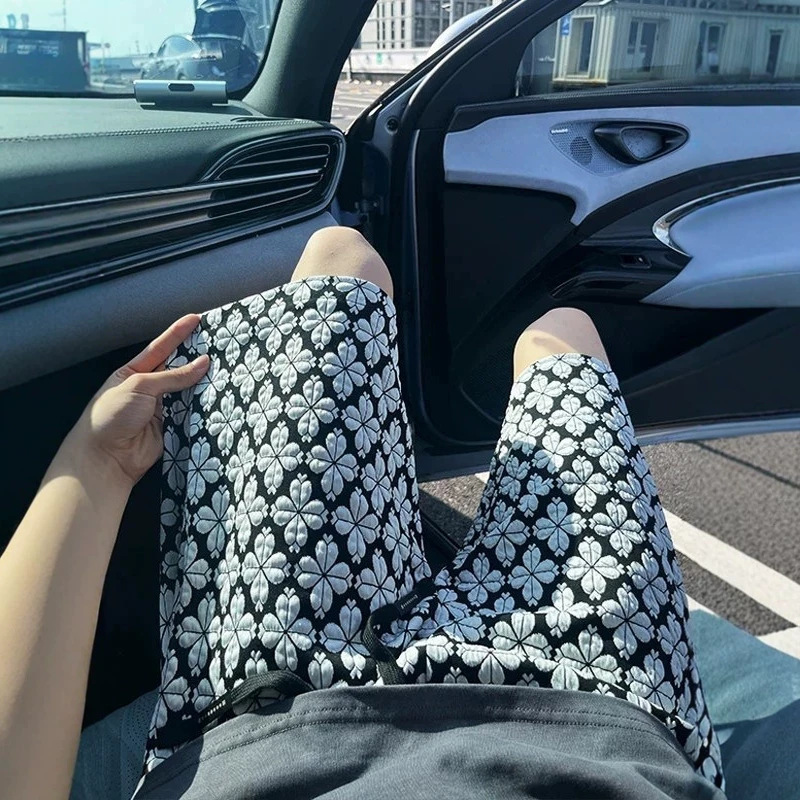 Houndstooth Floral Print High-Waist Straight Leg Pants Summer Thin Style Casual Beach Shorts For Men And Women Trendy Streetwear Five Pockets_voghion.com