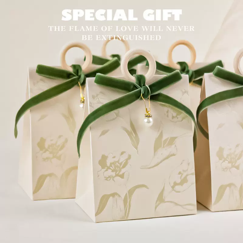 2025原创复古法式喜糖盒 奶油白绿绒丝带伴手礼盒 结婚喜糖盒子