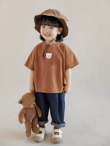  Autumn parent-child clothing, summer clothing, children's clothing, family clothing for a family of three, apricot brown foreign style short-sleeved T-shirt bear