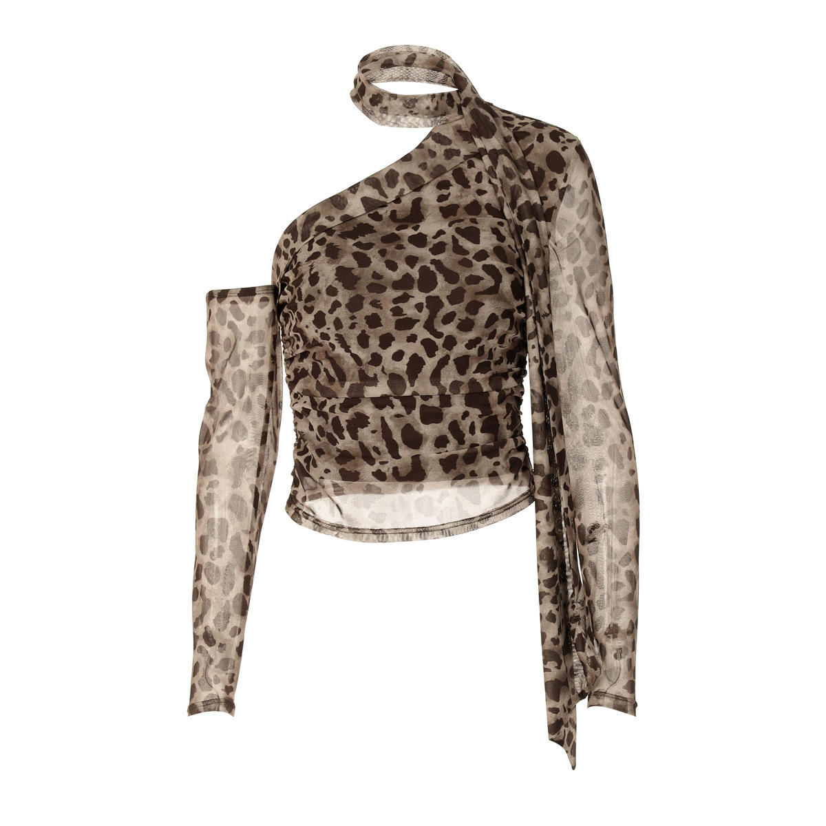 Women lothing Leopard Print One Shoulder Cold Shoulder Long Sleeve Ribbon Slim Pleated T shirt Top 7 Women lothing Leopard Print One Shoulder Cold Shoulder Long Sleeve Ribbon Slim Pleated T shirt Top