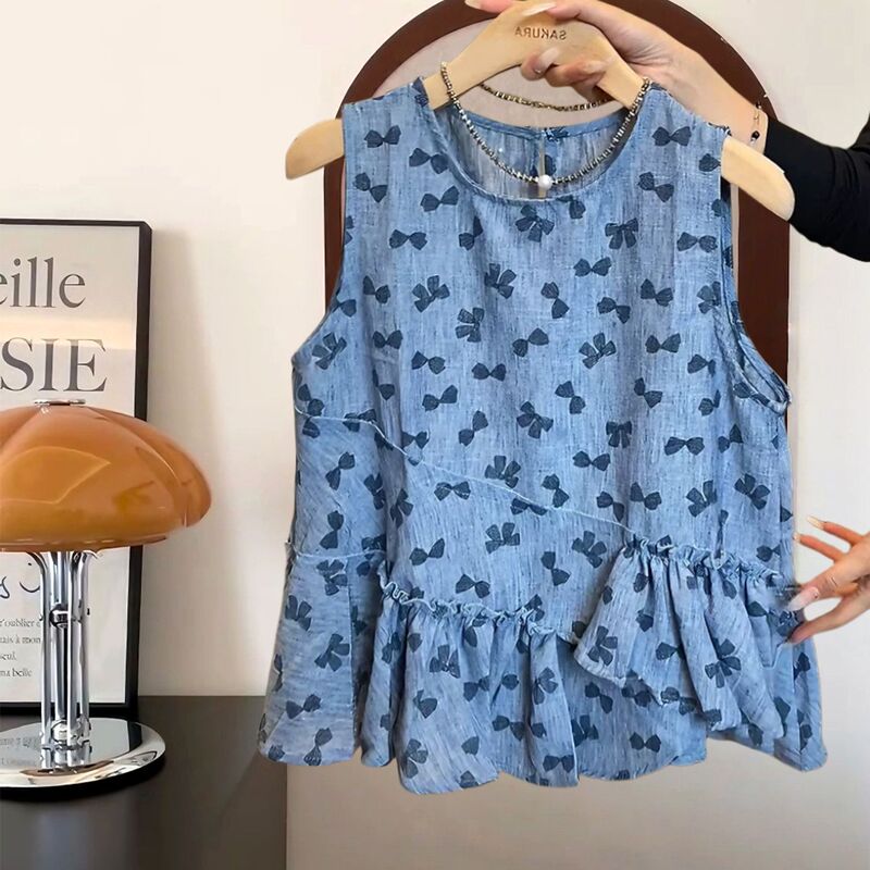 Korean-Style Sweet Bow-Knot Printed Round-Neck Sleeveless Shirt for Women, Summer Design with Pleated Ruffles Round-Neck Top