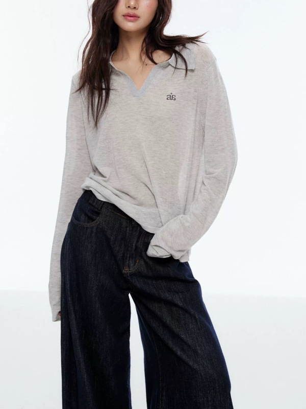 亚麻莱赛尔天丝混纺V领POLO灰色显瘦防晒罩衫长袖上衣女磨毛其他|undefined