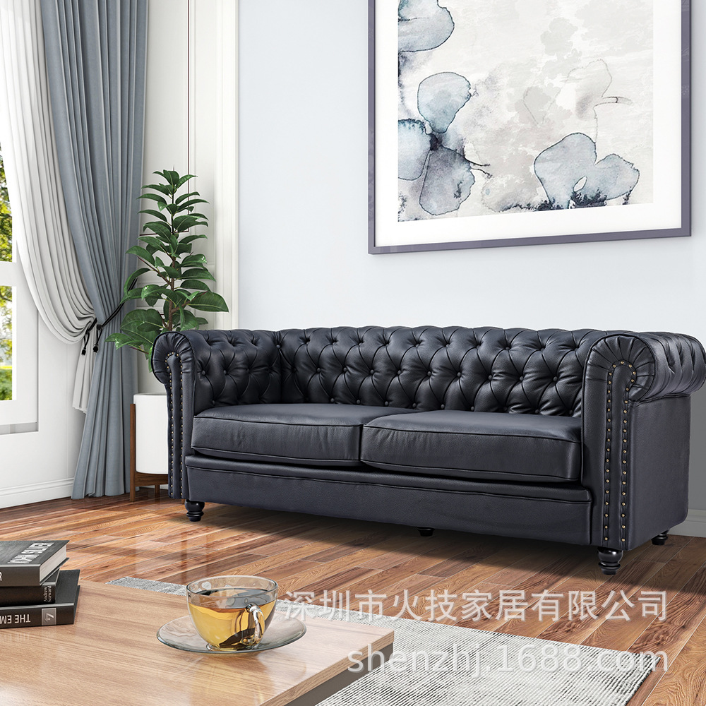 SF807新品三人位沙发复古三人位沙发客厅真皮沙发海外仓一件代发