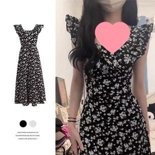 French-Style Small Flutter Sleeve Elegant High-End Waist-Cinching Dress for Women, 2025 Summer New Elegant Floral Long Dress