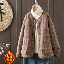 实拍复古格子棉服女冬季新款轻薄圆领宽松显瘦棒球服保暖棉衣外套