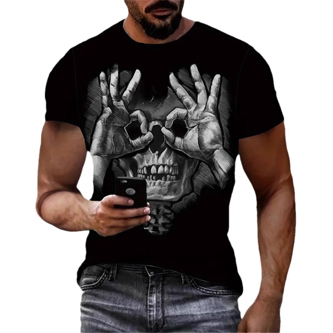 Gestos divertidos y divertidos Skeleton estampado 3D para hombre, malla suelta, manga corta transpirable, camiseta de cuello redondo