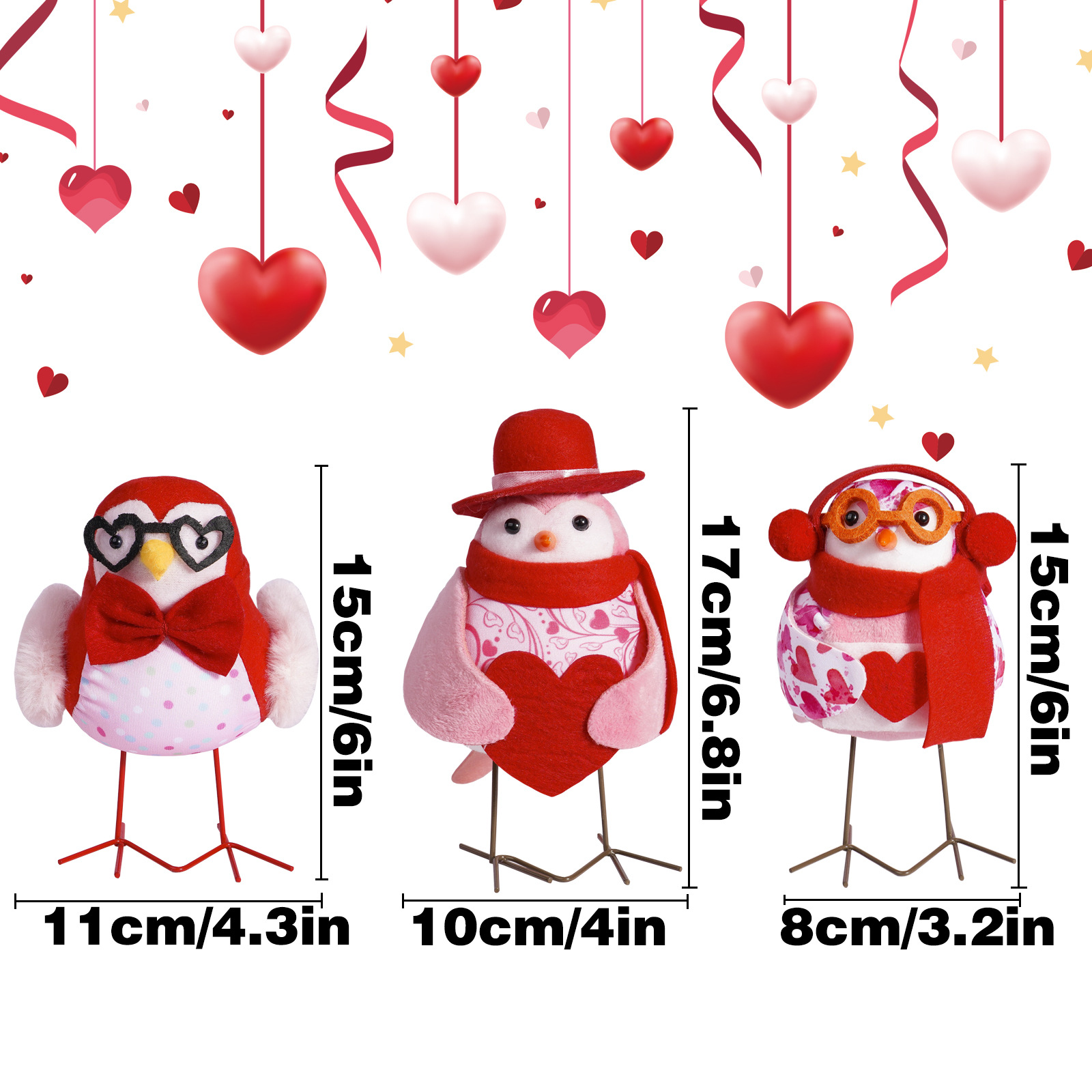 Nuevos productos transfronterizos Día de San Valentín amor pájaros lindos muñecos gafas bufandas sombreros amor adornos decoraciones
