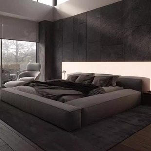 Nordic Minimalist Fabric Bed, Simple Modern Double Bed, Light Luxury Tatami Floor Bed, Master Bedroom Villa, High-End Large Bed