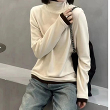 秋冬澳绒德绒中高领打底衫女休闲宽松加绒加厚撞色假两件打底衫女