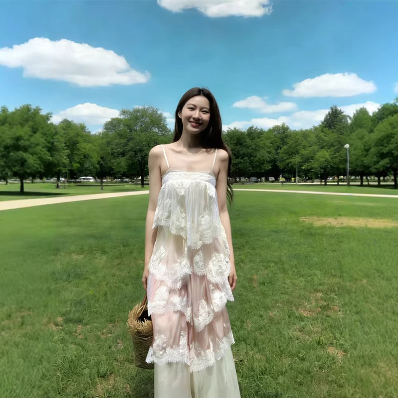 Sheer Chiffon Dress Vacation Strap Dress for Women 2026 New Style Heavy-Duty Gradient Multi-Layer Top Cake Skirt A-Line Long Skirt